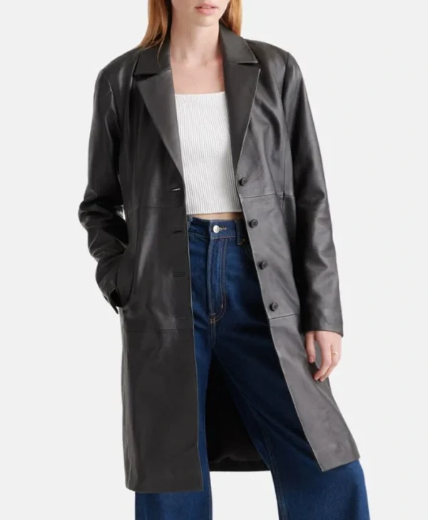 Simple Plain Leather Long Ladies Black Trench Coat Style