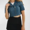 Slate Blue Cropped Leather Jacket For Womens Main