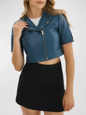 Slate Blue Cropped Leather Jacket For Womens Main
