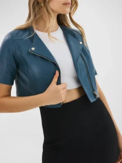 Slate Blue Cropped Leather Jacket For Womens Side