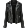 Slim-Fit Motorcycle Black Leather Coat Womens Front