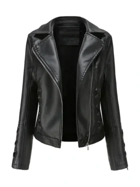 Slim-Fit Motorcycle Black Leather Coat Womens Front