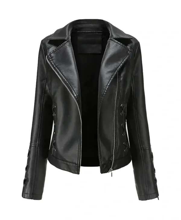 Slim Fit Motorcycle Black Leather Coat Womens Front