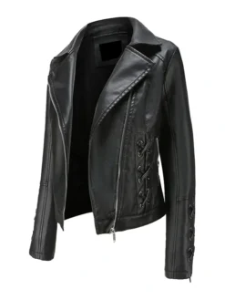Slim Fit Motorcycle Black Leather Coat Womens Right