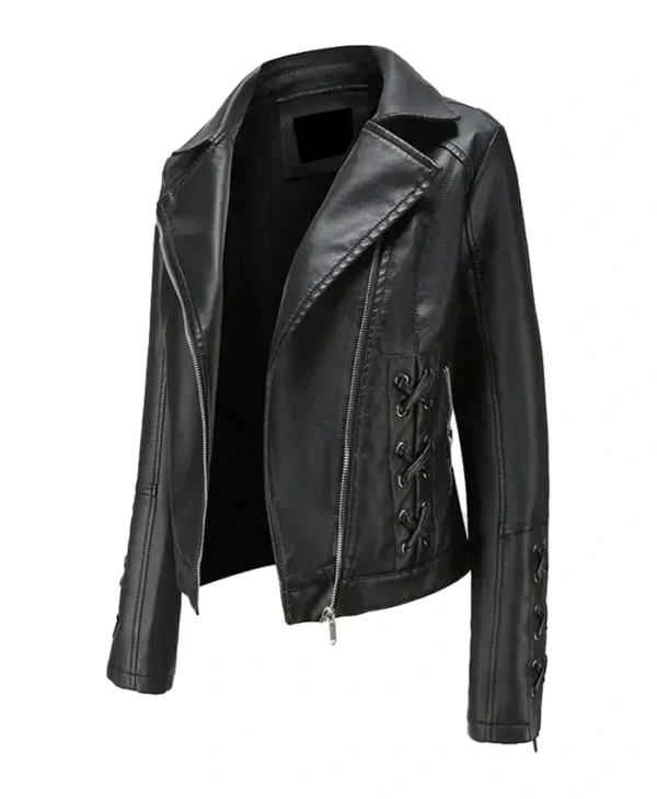 Slim Fit Motorcycle Black Leather Coat Womens Right
