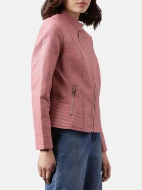 Sofia Pink Womens Racer Leather Jacket Left