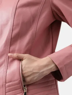 Sofia Pink Womens Racer Leather Jacket Pockets