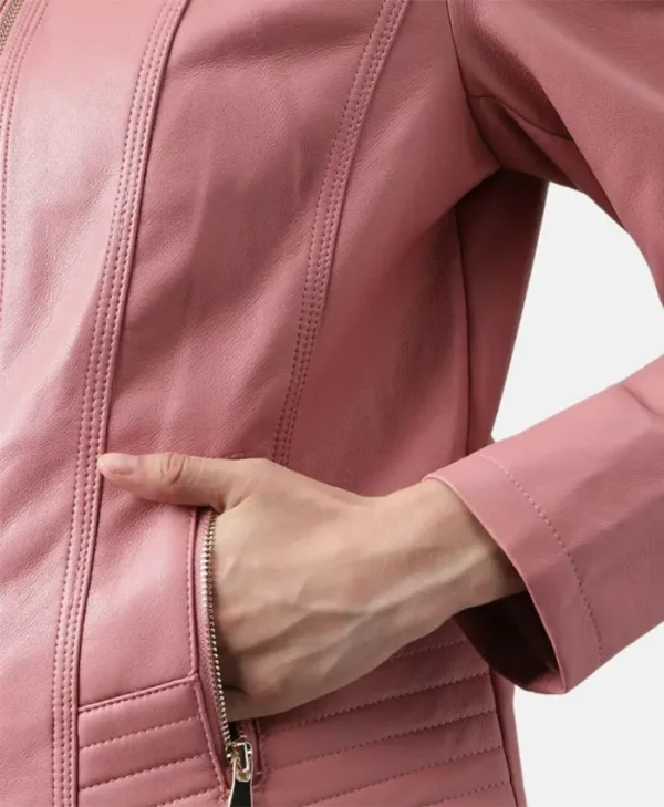 Sofia Pink Womens Racer Leather Jacket Pockets