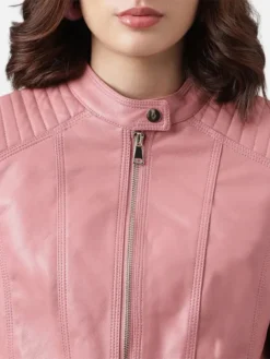 Sofia Pink Womens Racer Leather Jacket Snap Tab