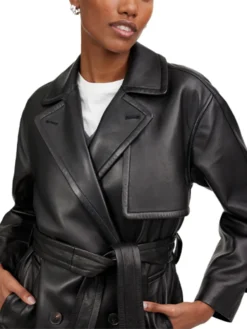 Stylish Full Length Black Trench Coat Women Collar