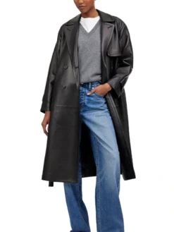 Stylish Full Length Black Trench Coat Women Pockets