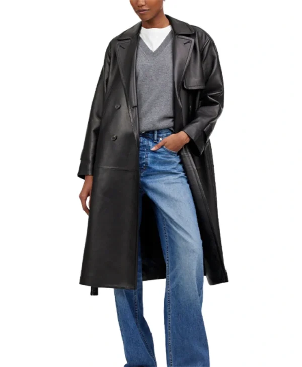 Stylish Full-Length Black Trench Coat Women Pockets