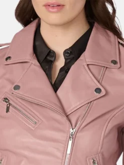 Stylish Pink Womens Biker Leather Jacket Collar