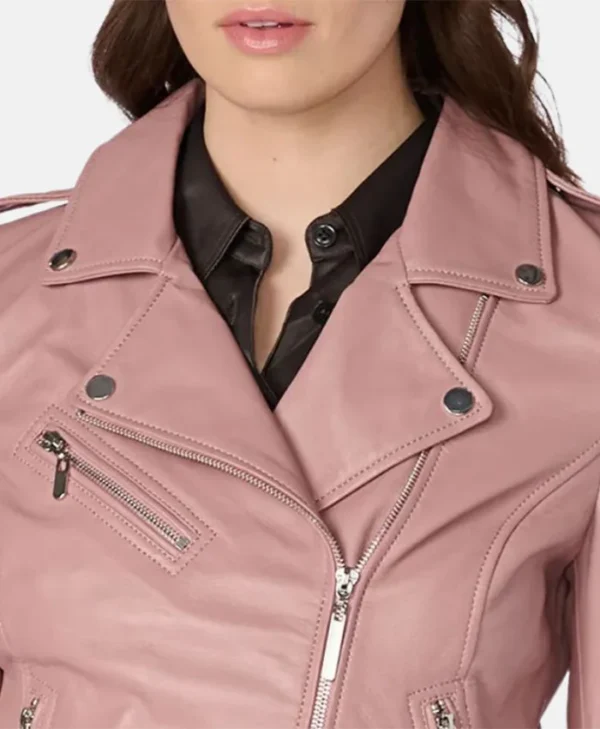 Stylish Pink Women's Biker Leather Jacket Collar