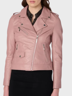 Stylish Pink Women’s Biker Leather Jacket Front