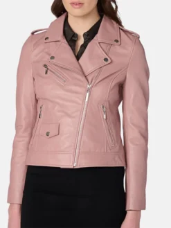 Stylish Pink Womens Biker Leather Jacket Main