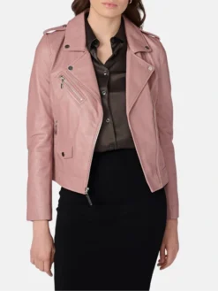 Stylish Pink Womens Biker Leather Jacket Walk