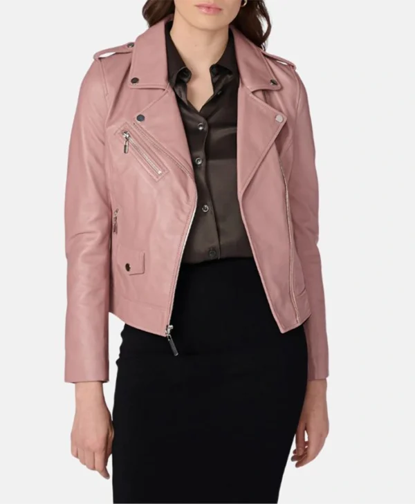 Stylish Pink Women's Biker Leather Jacket Walk