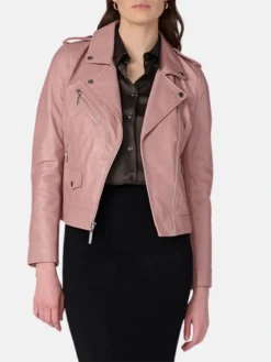 Stylish Pink Womens Biker Leather Jacket Zipper