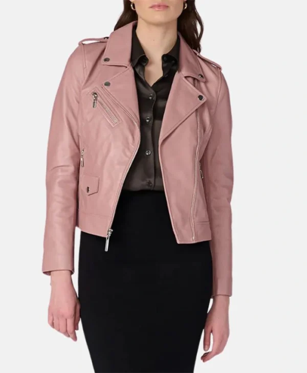 Stylish Pink Women's Biker Leather Jacket Zipper