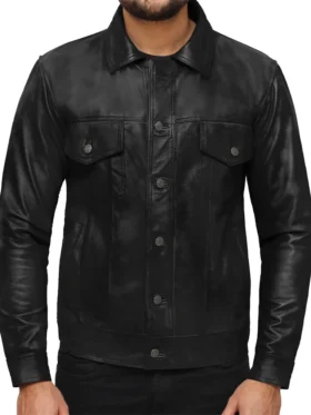 Tommy Mens Trucker Leather Jacket Closure Mens