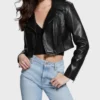 Trendy Black Cropped Leather Biker Jacket Womens Front