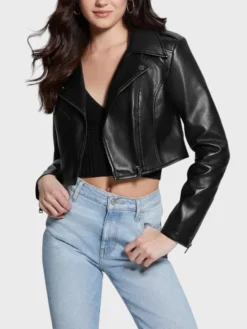 Trendy Black Cropped Leather Biker Jacket Womens Front