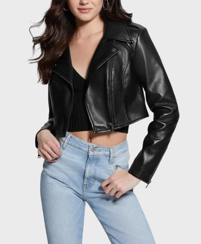 Trendy Black Cropped Leather Biker Jacket Womens Front