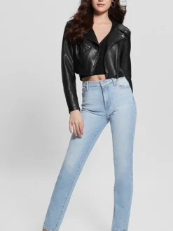 Trendy Black Cropped Leather Biker Jacket Womens Stand Up