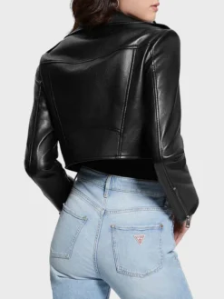 Trendy Black Cropped Leather Biker Jacket Womens back