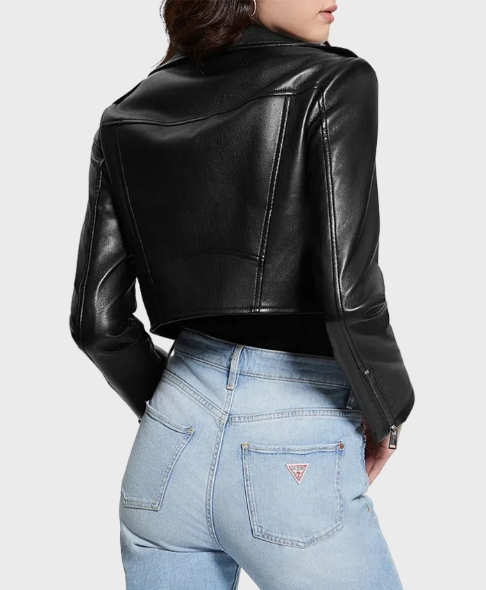 Trendy Black Cropped Leather Biker Jacket Womens back