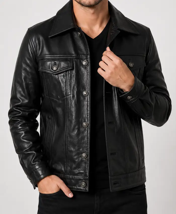 Trucker Leather Jacket Front