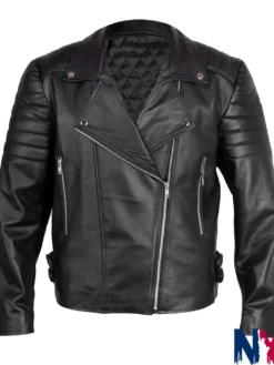 Women Black Leather Biker Style Quilted Jacket front view