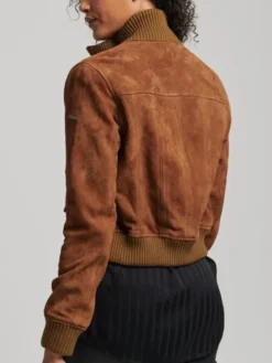 Women Classic Cropped Brown Suede Bomber Jacket