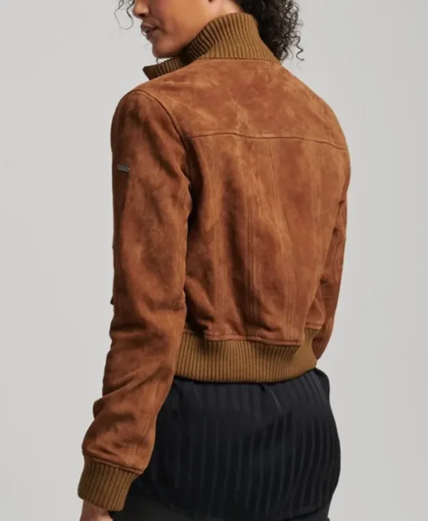Women Classic Cropped Brown Suede Bomber Jacket