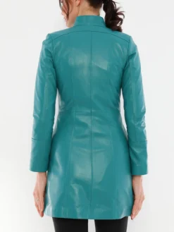 Womens Alisa Turquoise Blue Leather Trench Coat Back