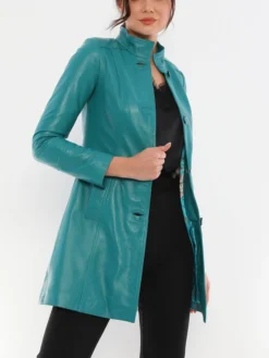 Womens Alisa Turquoise Blue Leather Trench Coat Buttoned