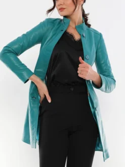 Womens Alisa Turquoise Blue Leather Trench Coat Main