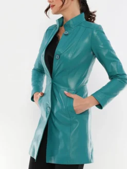 Womens Alisa Turquoise Blue Leather Trench Coat Side