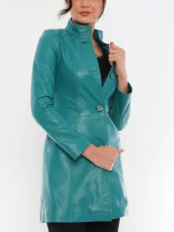 Womens Alisa Turquoise Blue Leather Trench Coat Stand