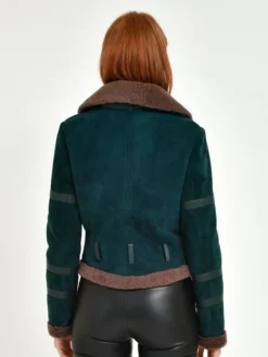Womens B3 Leather Bomber Green Shearling Coat Back