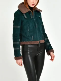 Womens B3 Leather Bomber Green Shearling Coat Left Side