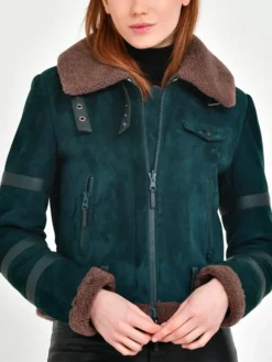 Womens B3 Leather Bomber Green Shearling Coat Main