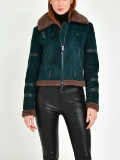 Womens B3 Leather Bomber Green Shearling Coat Stand Up