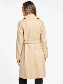 Womens Beige Leather Trench Coat Back