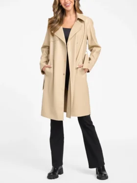 Womens Beige Leather Trench Coat Closure