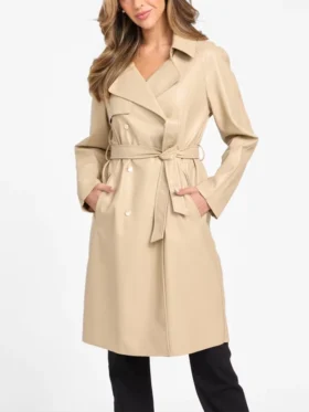 Womens Beige Leather Trench Coat Main