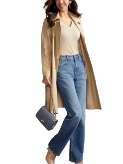 Womens Beige Leather Trench Coat Walk