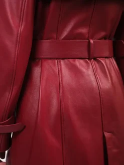 Womens Belted Long Red Leather Trench Coat Back