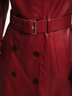 Womens Belted Long Red Leather Trench Coat Belted